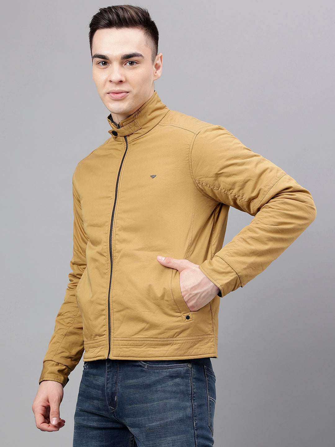 Men Khaki Standard Fit Solid Reversible Jacket