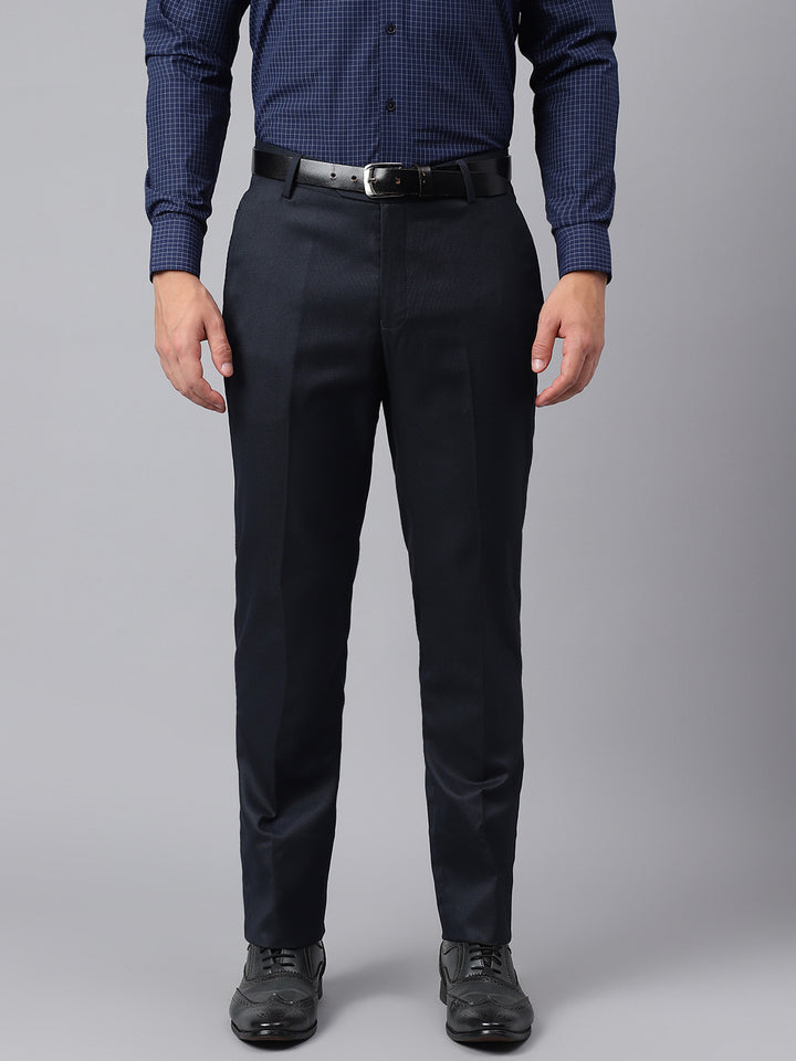 Men Navy Smart Fit Mid Rise Formal Trouser