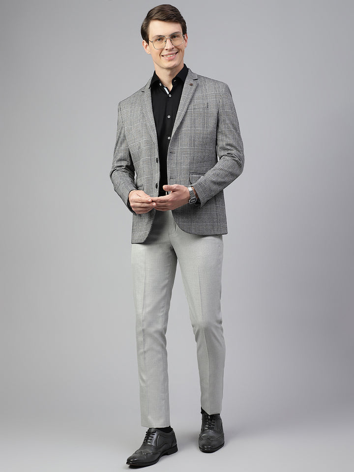 Men Grey Regular Fit Checkered Notched Lapel Casual Blazer