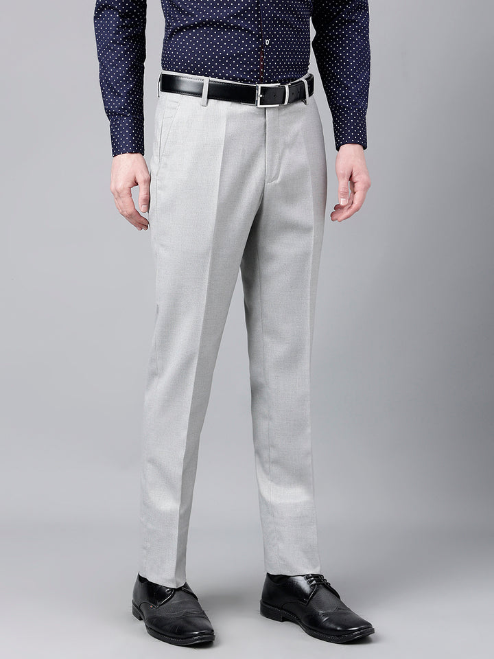 Men Light Grey Standard Fit Mid Rise Solid Formal Trouser