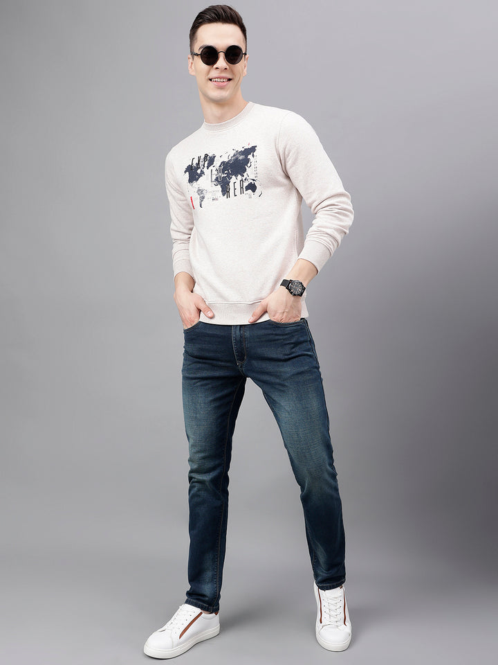 Men Oatmeal Standard Fit Printed Sweat Shirt