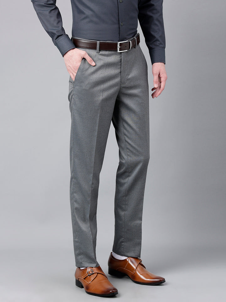 Men Grey Standard Fit Mid Rise Solid Formal Trouser