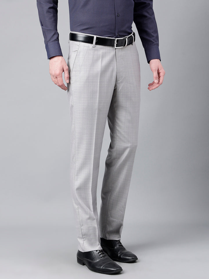 Men Light Grey Standard Fit Mid Rise Checked Formal Trouser