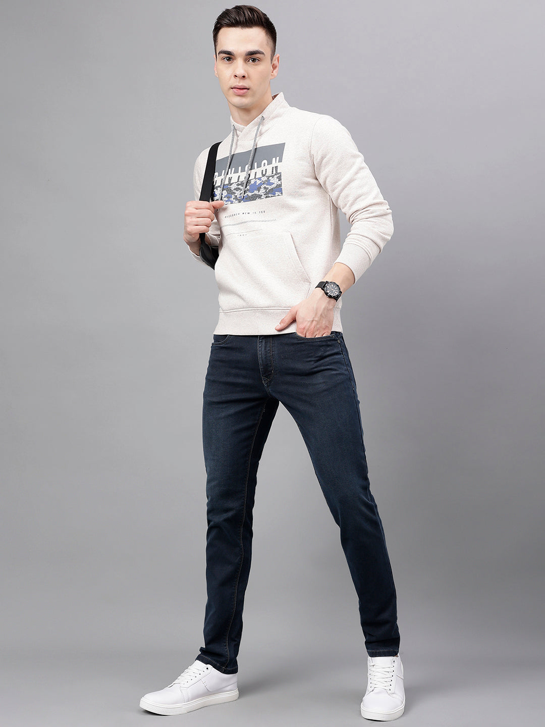 Men Oatmeal Standard Fit Printed Sweat Shirt