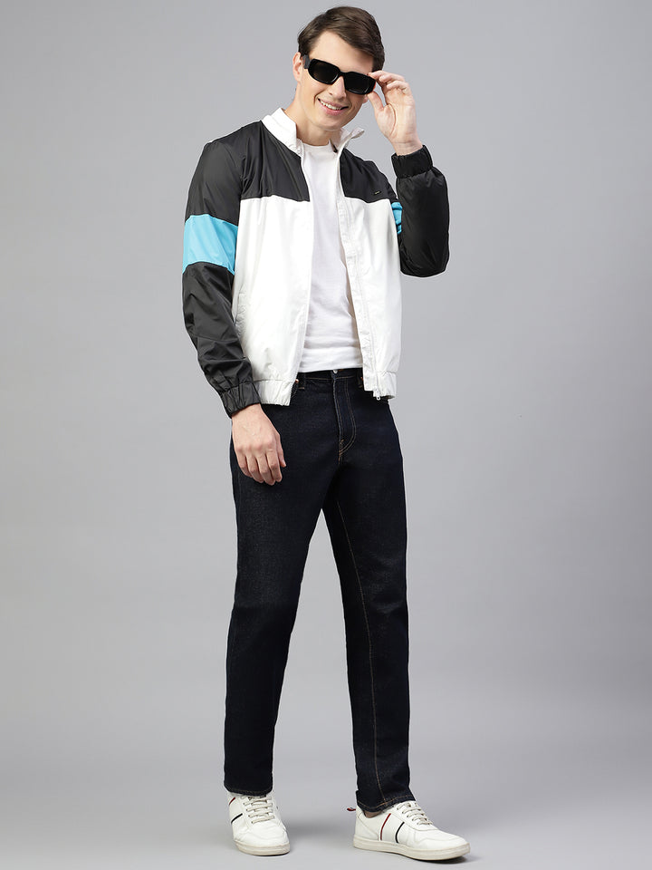 Men Navy White Regular Fit Colorblocked Stand Collar Casual Jacket