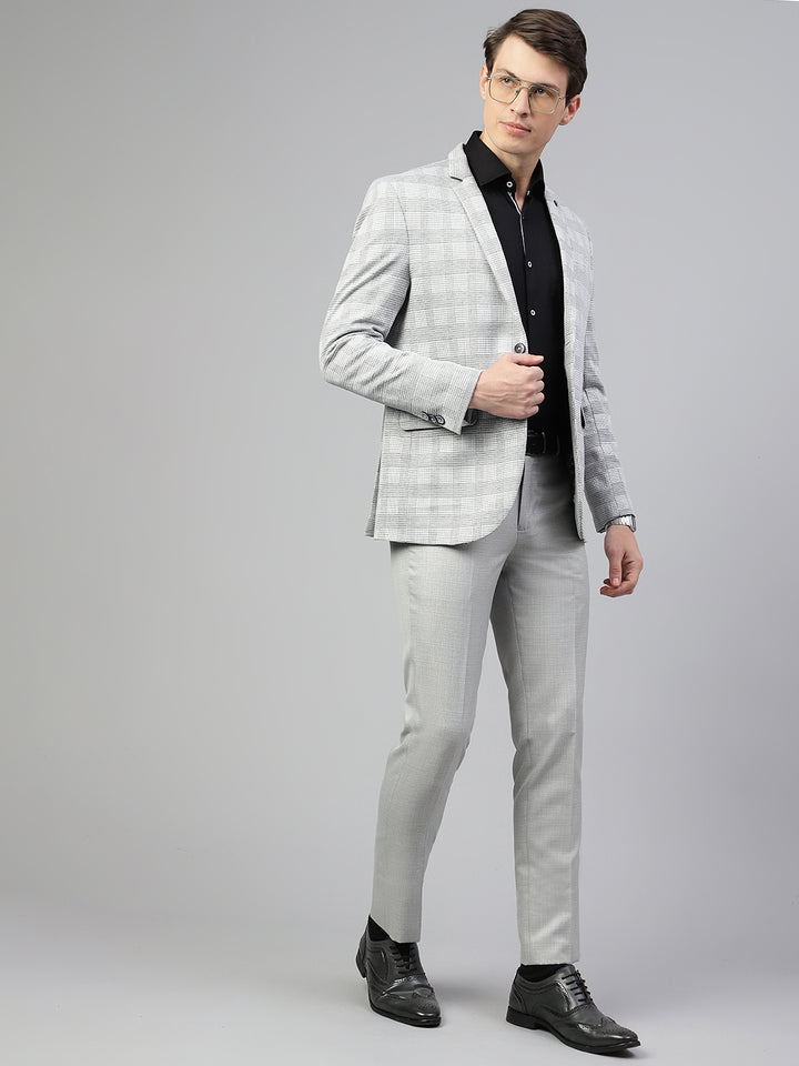 Men Grey Regular Fit Checkered Notched Lapel Casual Blazer