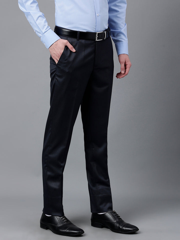 Men Navy Standard Fit Mid Rise Solid Formal Trouser