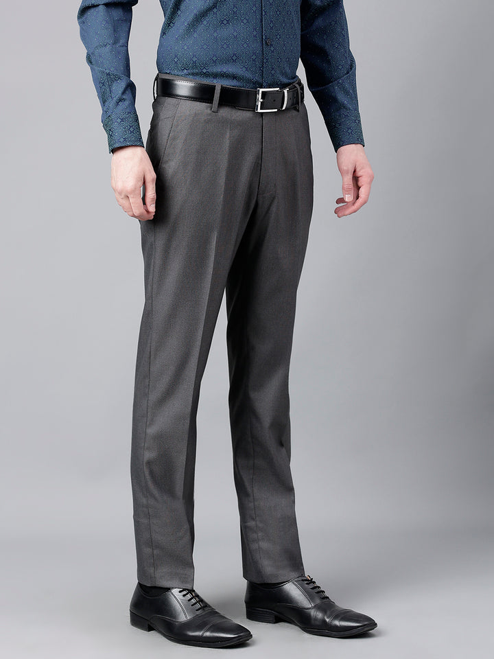 Men Smoke Grey Standard Fit Mid Rise Solid Formal Trouser