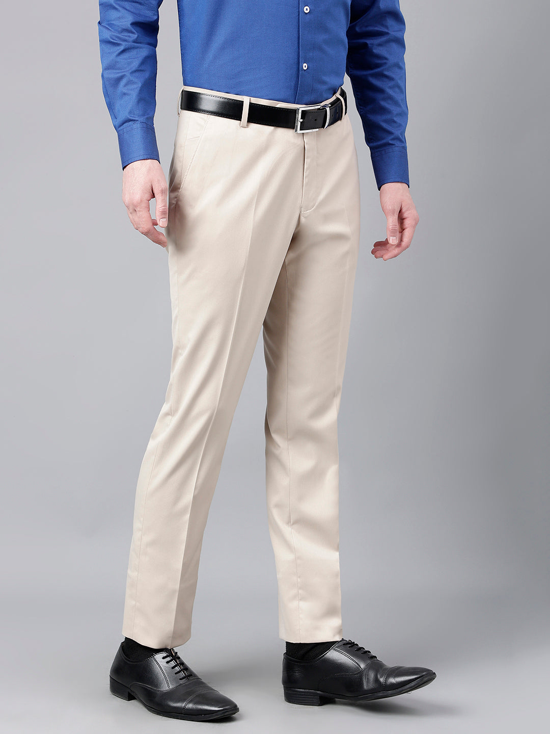 Men Khaki Standard Fit Mid Rise Solid Formal Trouser