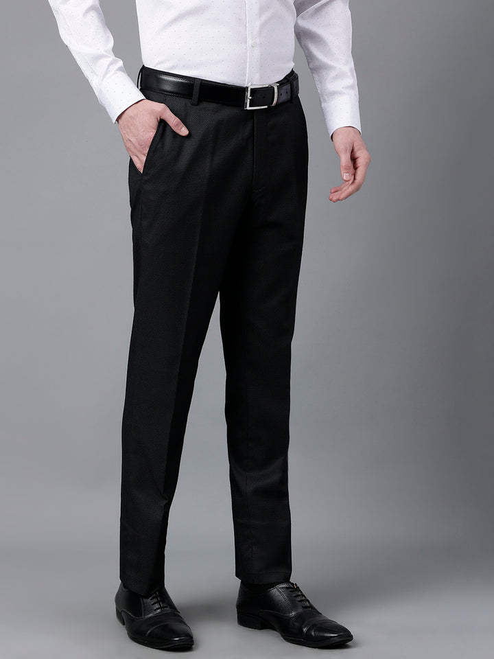 Men Black Standard Fit Mid Rise Solid Formal Trouser