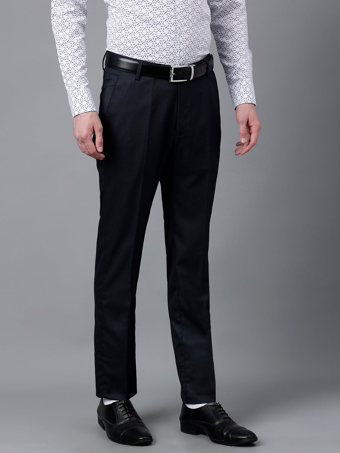 Men Navy Standard Fit Mid Rise Solid Formal Trouser