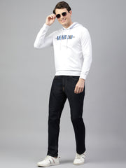 Men White Regular Fit Print Hoodie Casual Sweat Shirt