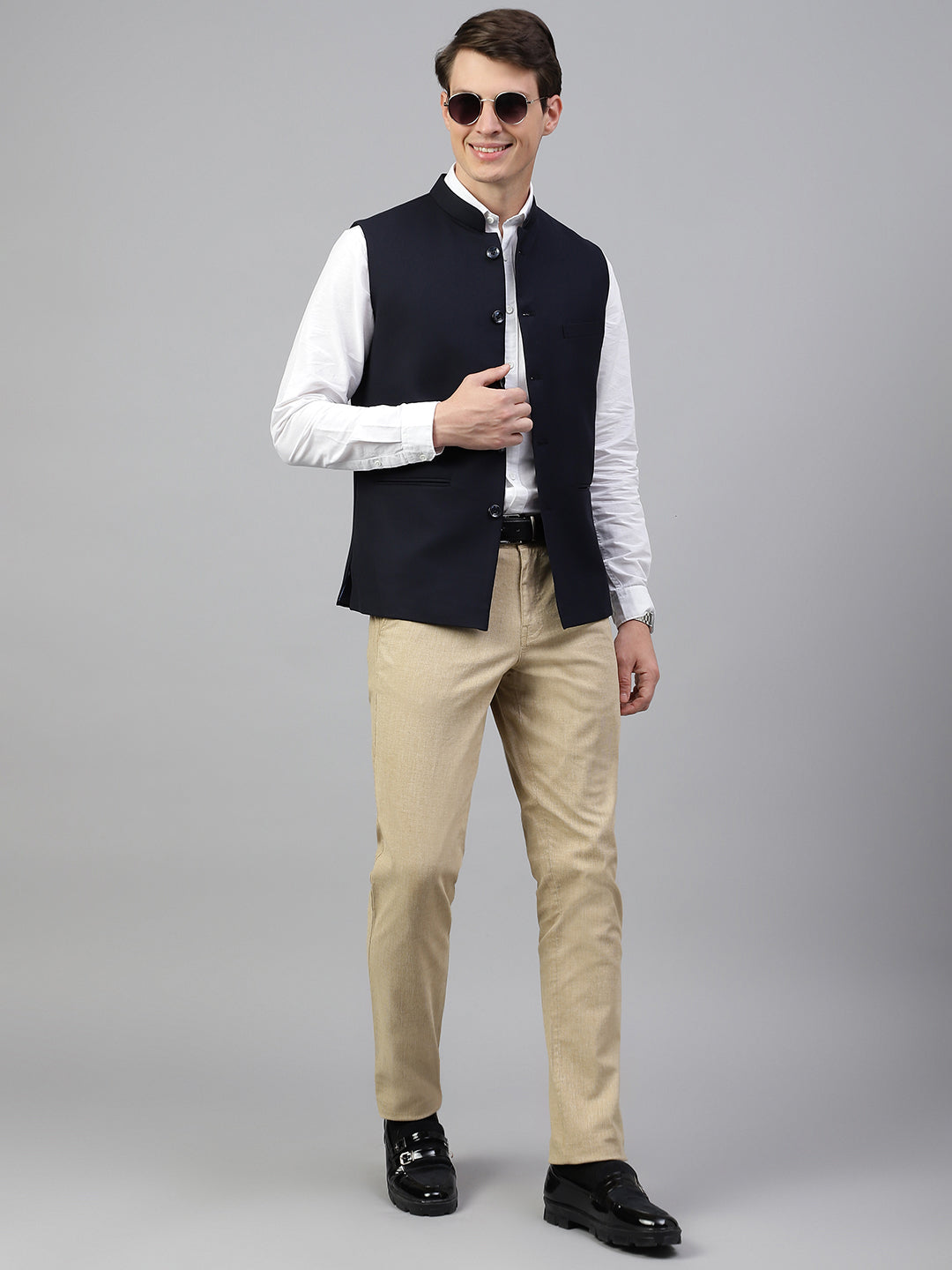 Men Navy Regular Fit Solid Stand Collar Formal Waist Coat