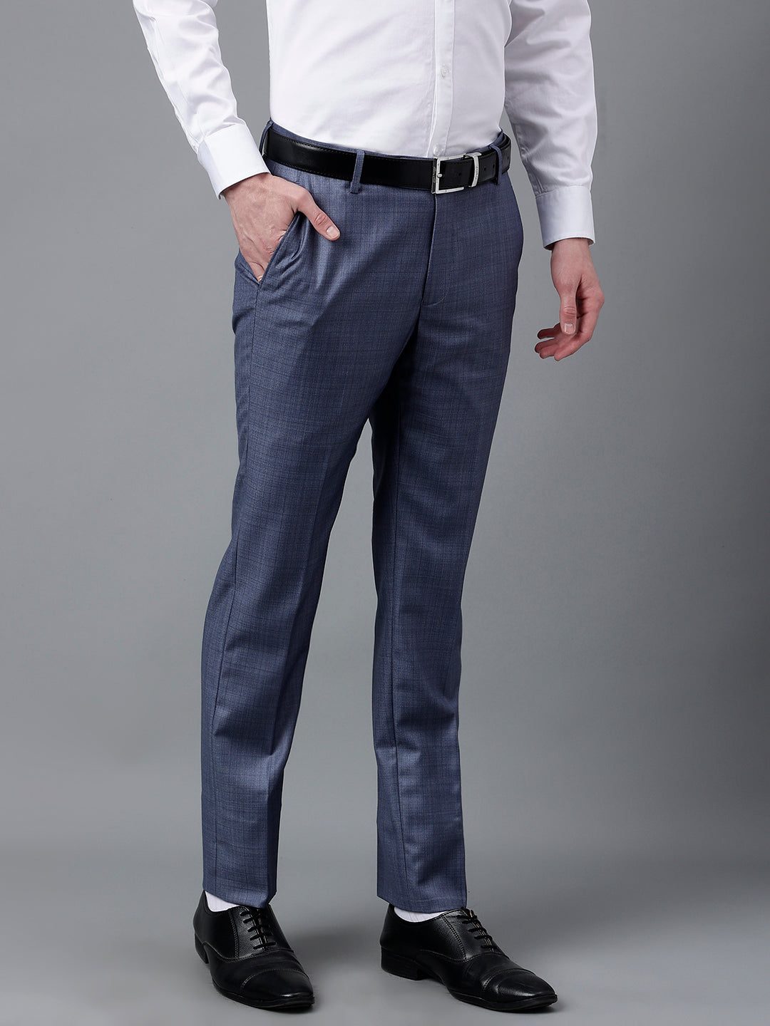 Men Blue Standard Fit Mid Rise Checked Formal Trouser