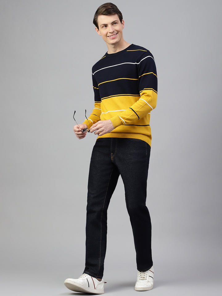 Men Navy Mustard Regular Fit Solid Crew Neck Casual Sweater