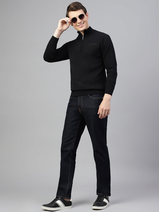 Men Black Regular Fit Solid Crew Neck Casual Sweater