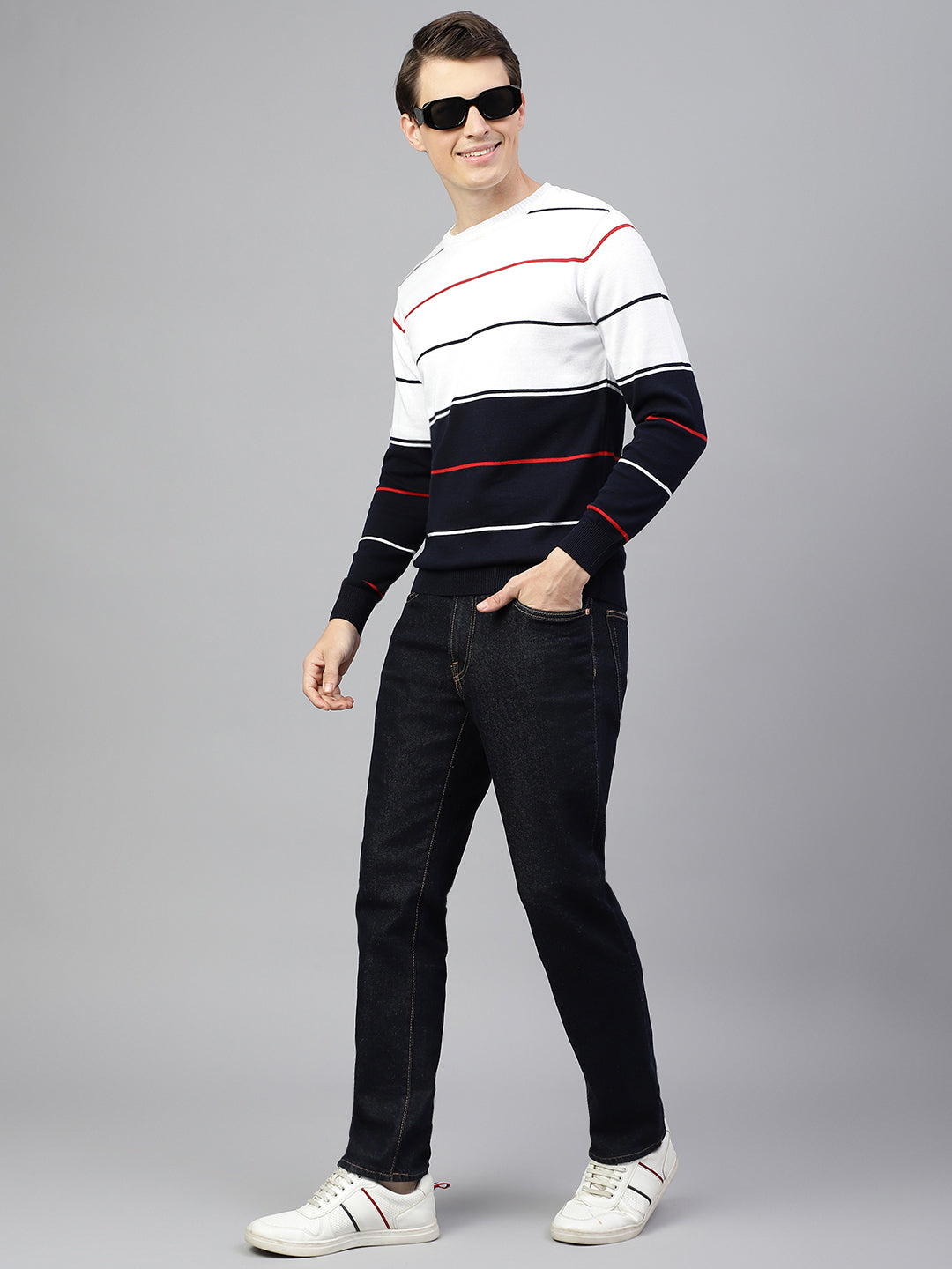 Men Navy White Regular Fit Solid Crew Neck Casual Sweater