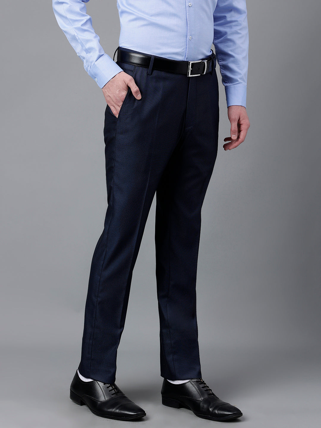 Men Navy Standard Fit Mid Rise Solid Formal Trouser