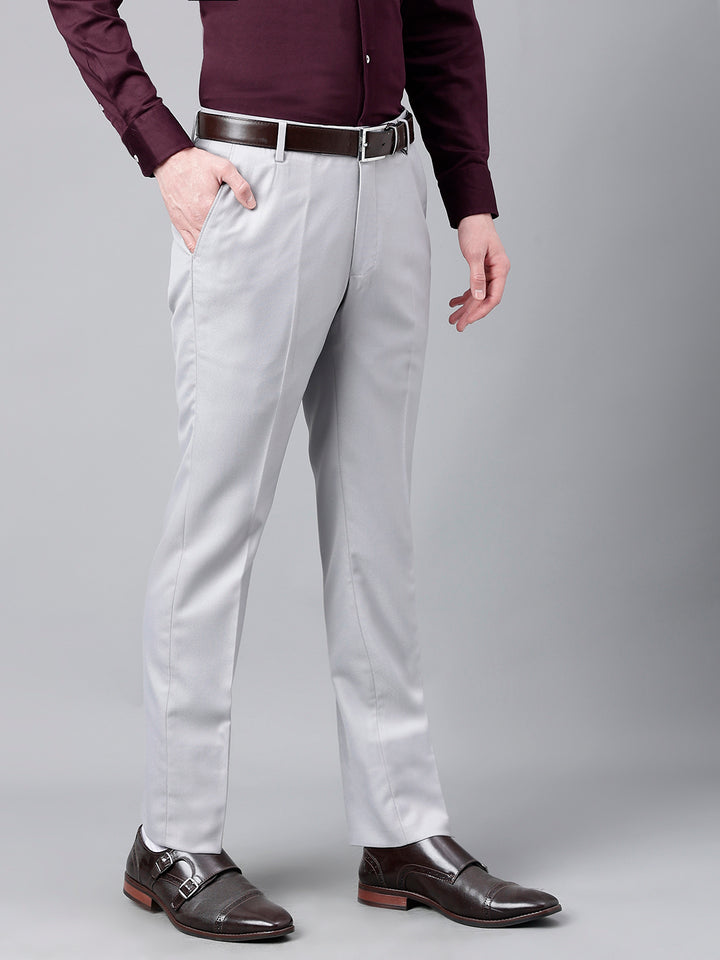 Men Light Grey Standard Fit Mid Rise Solid Formal Trouser