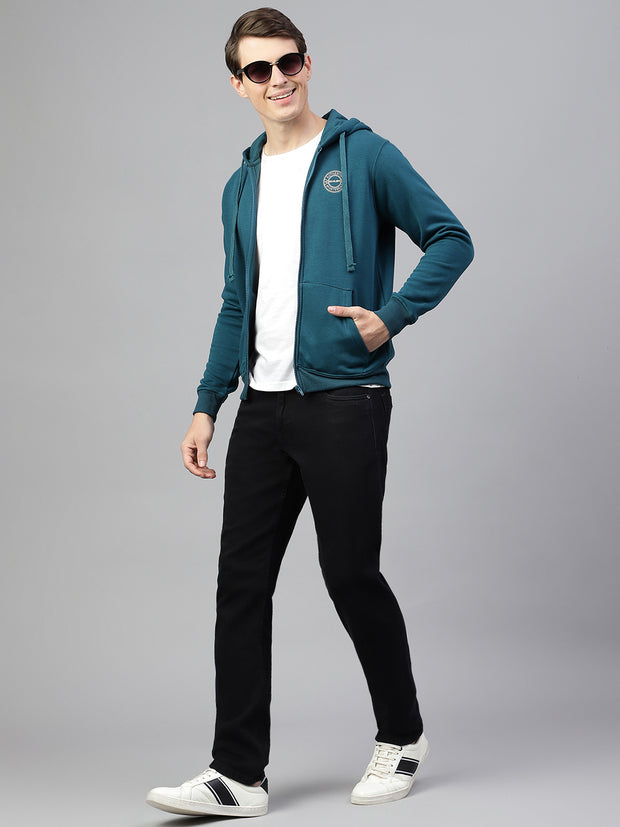 Men Teal Regular Fit Solid Hoodie Casual Sweat Shirt