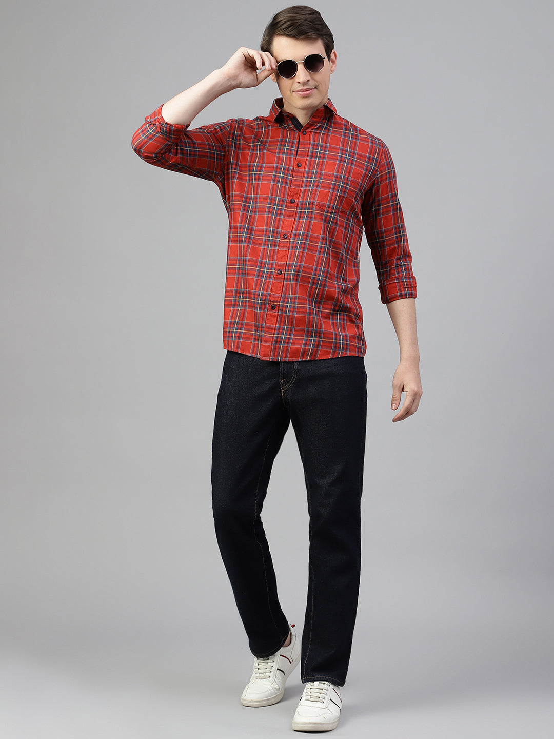 Men Rust Regular Fit Checkered Spread Collar Casual Shirt