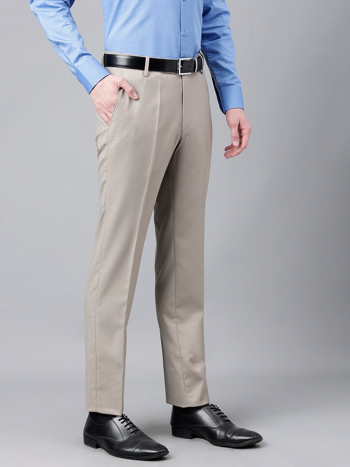 Men Beige Standard Fit Mid Rise Solid Formal Trouser