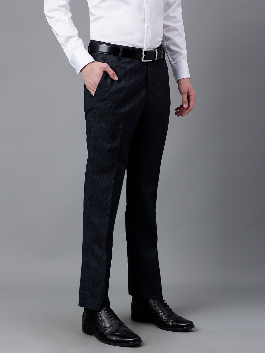 Men Navy Standard Fit Mid Rise Solid Formal Trouser