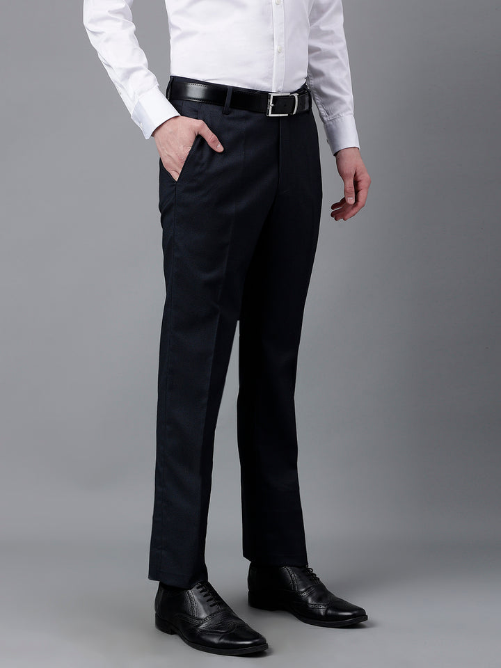 Men Navy Standard Fit Mid Rise Solid Formal Trouser