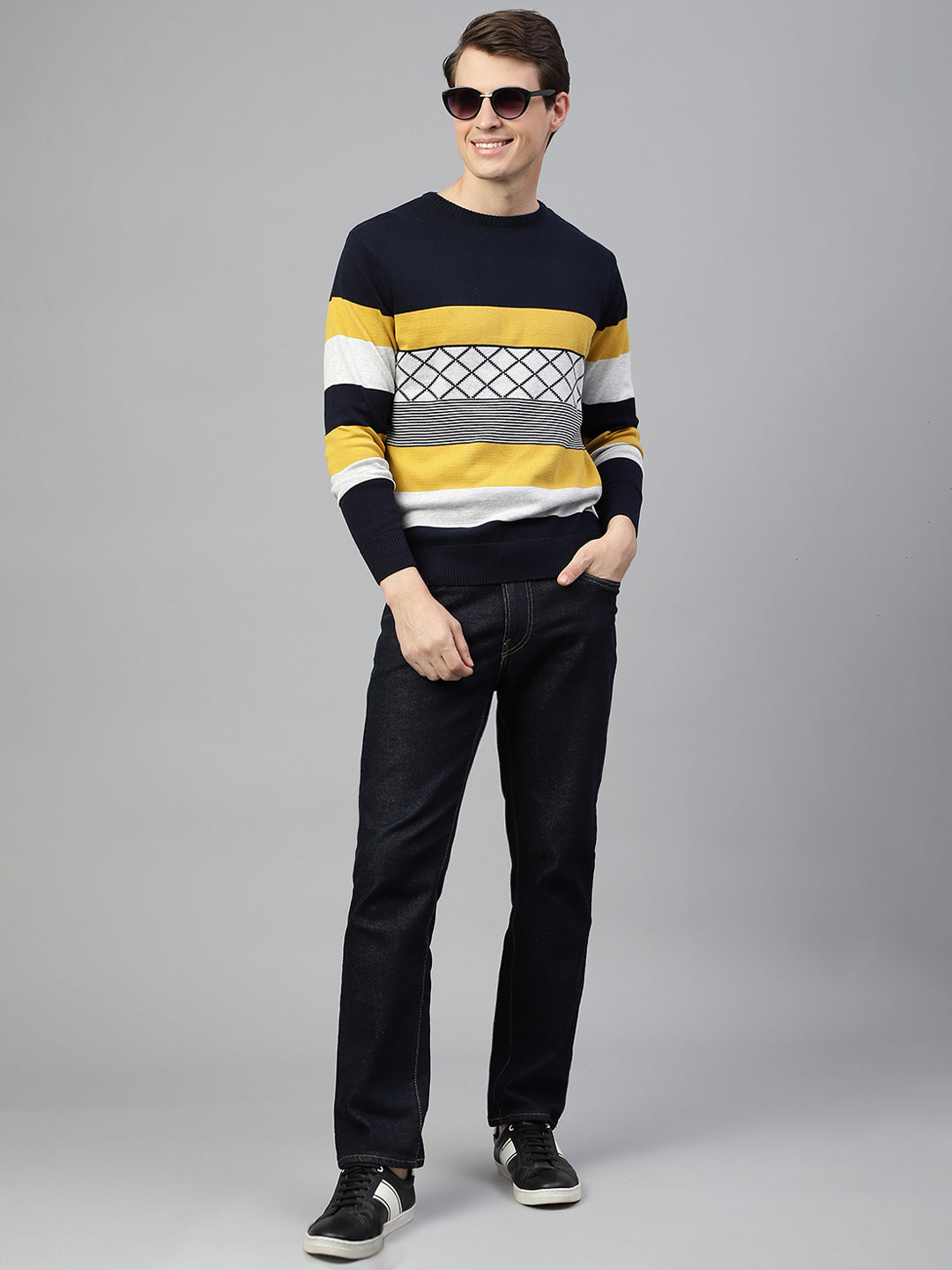 Men Navy Mustard Regular Fit Solid Crew Neck Casual Sweater