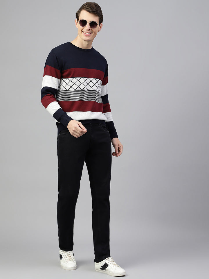 Men Navy Wine Regular Fit Solid Crew Neck Casual Sweater