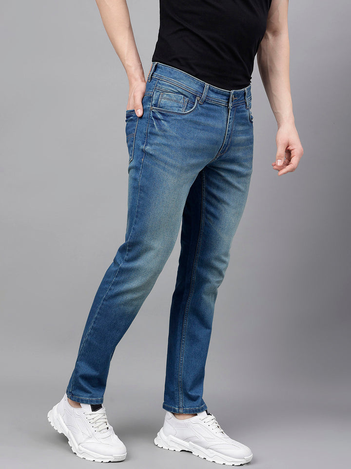 Men Light Blue Slim Fit Washed Mid Rise Stretchable Jeans