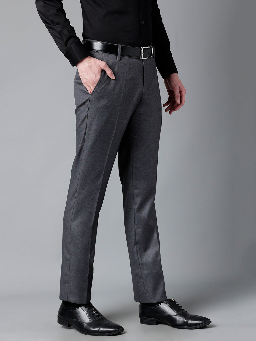 Men Charcoal Standard Fit Mid Rise Solid Formal Trouser