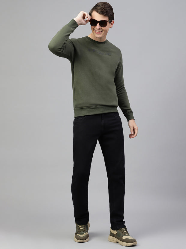 Men Olive Regular Fit Solid Crew Neck Casual Sweat Shirt