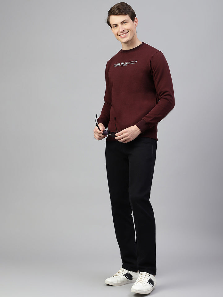 Men Wine Regular Fit Solid Crew Neck Casual Sweat Shirt