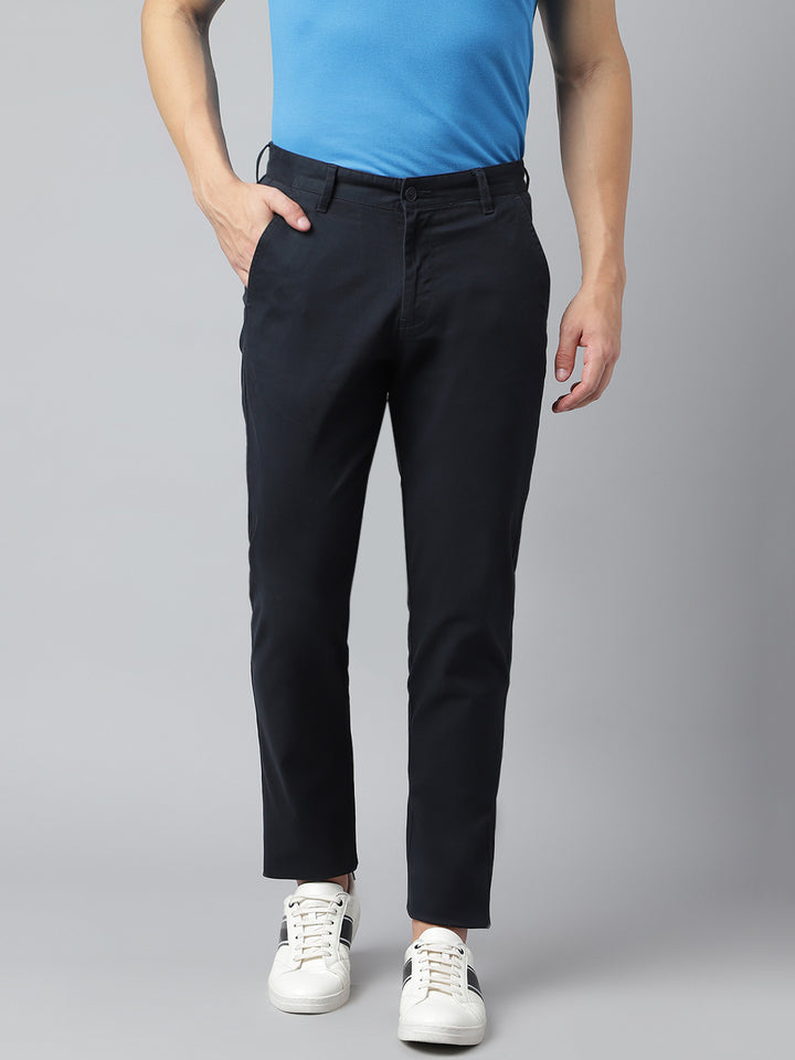 Men Navy Slim Fit Mid Rise Solid Casual Trouser