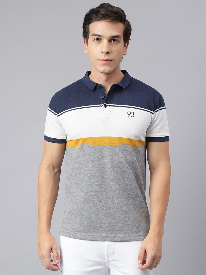 Men Grey Navy Regular Fit Color Blocked Polo Neck Casual T-Shirt