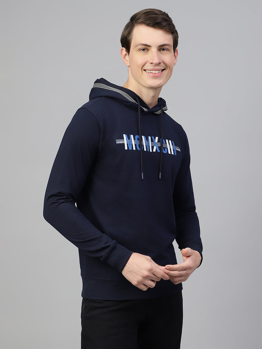 Men Navy Regular Fit Print Hoodie Casual Sweat Shirt