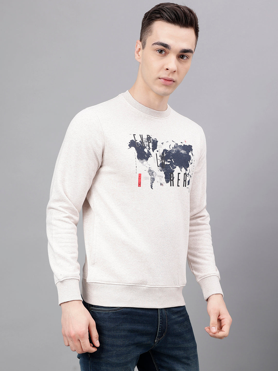 Men Oatmeal Standard Fit Printed Sweat Shirt