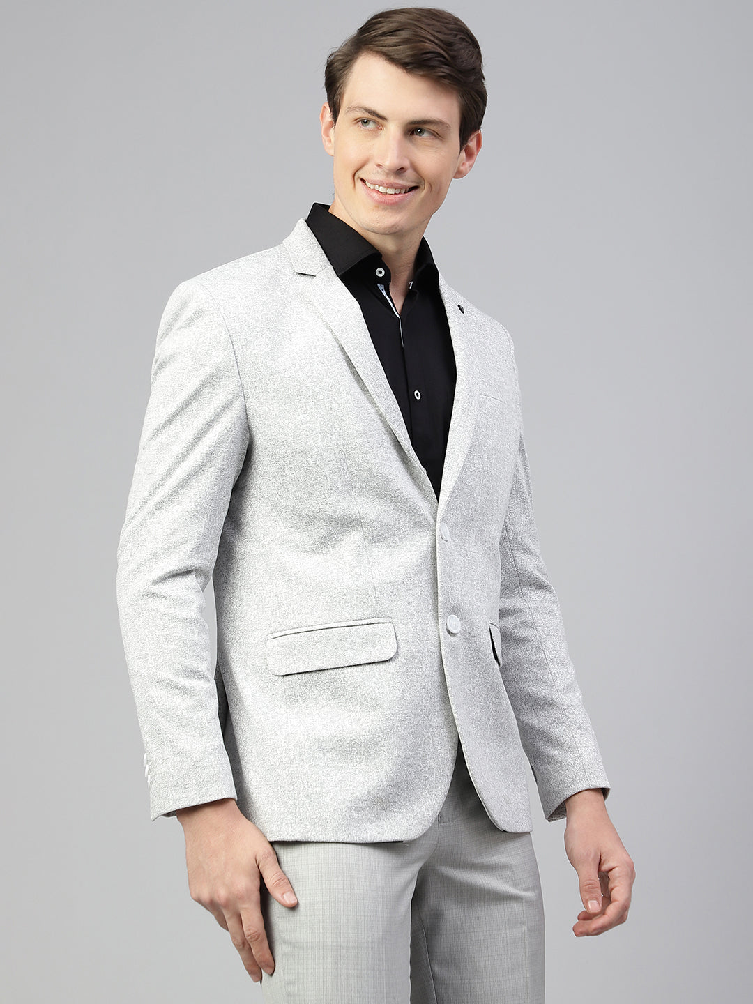 Men Grey Regular Fit Solid Notched Lapel Casual Blazer