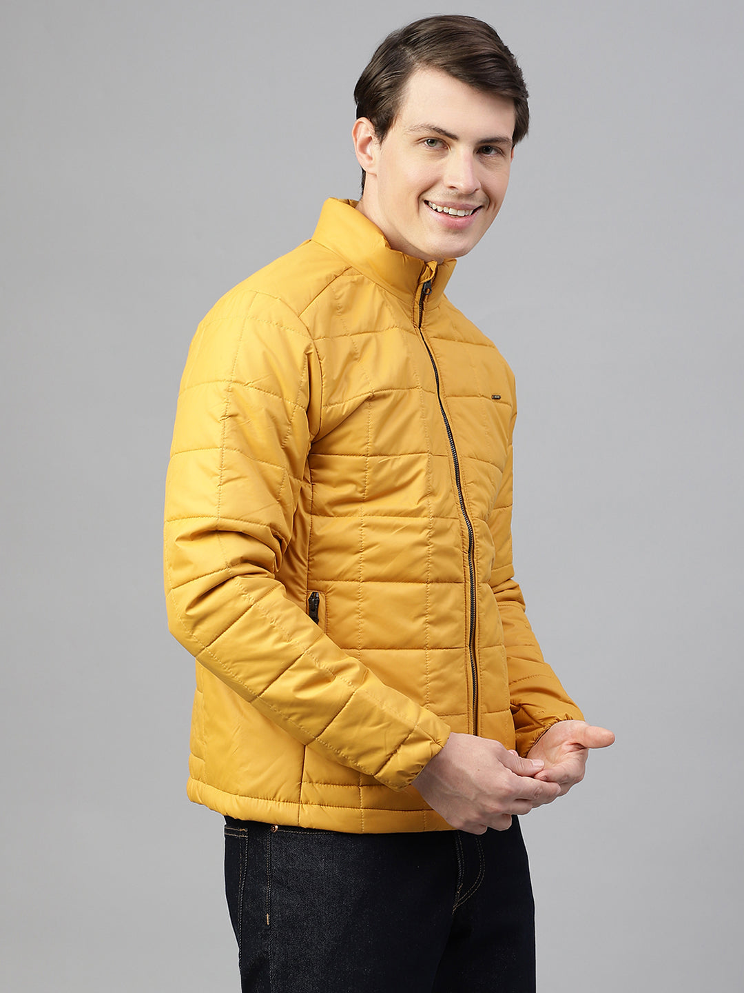 Men Ochre Regular Fit Solid Stand Collar Casual Jacket