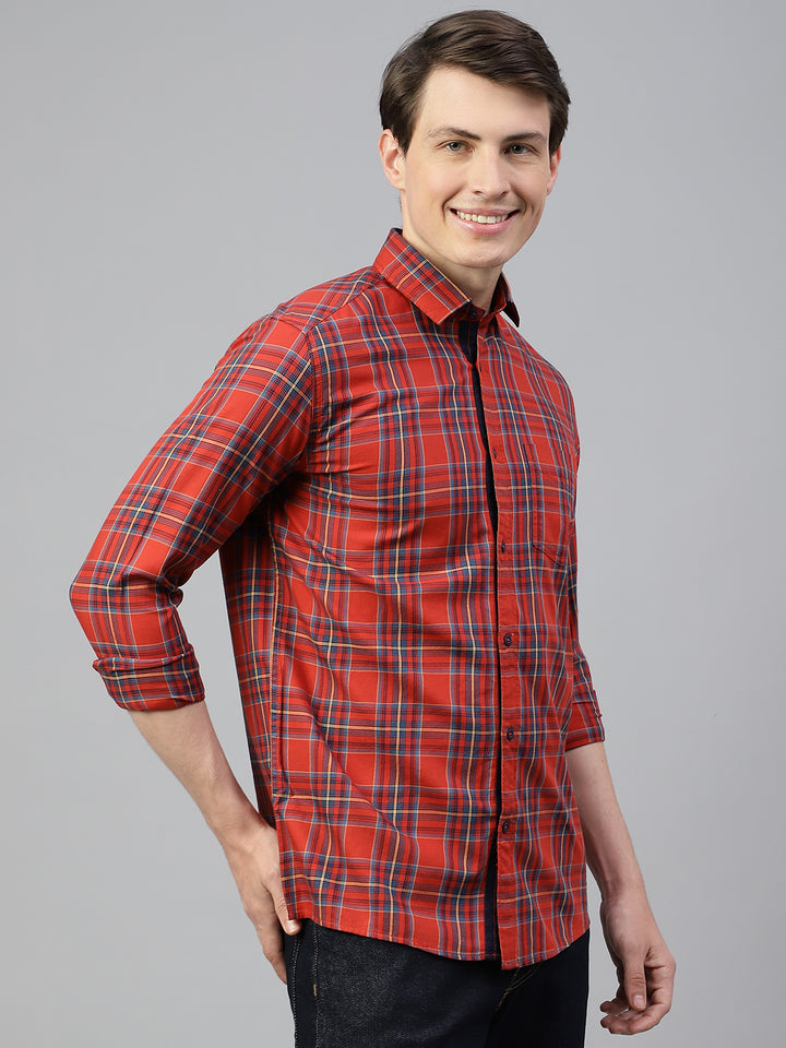 Men Rust Regular Fit Checkered Spread Collar Casual Shirt