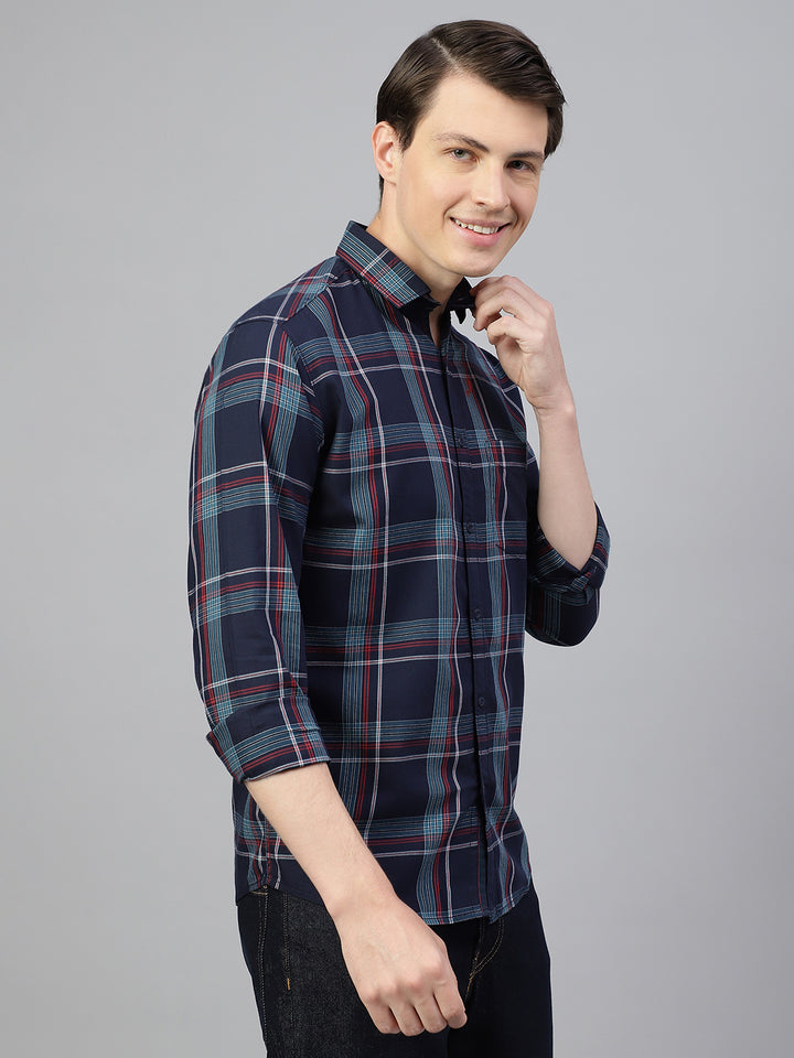 Men Navy Blue Regular Fit Checkered Spread Collar Casual Shirt