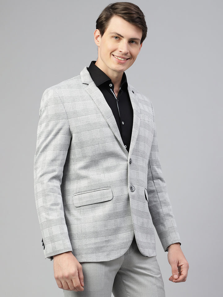 Men Grey Regular Fit Checkered Notched Lapel Casual Blazer