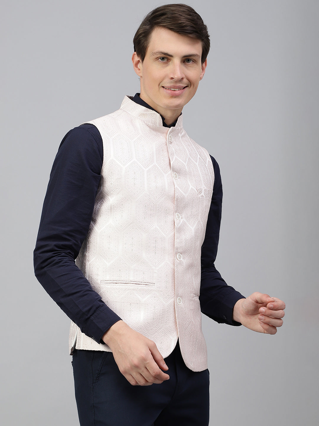 Men Pink Regular Fit Solid Stand Collar Club Wear Waist Coat