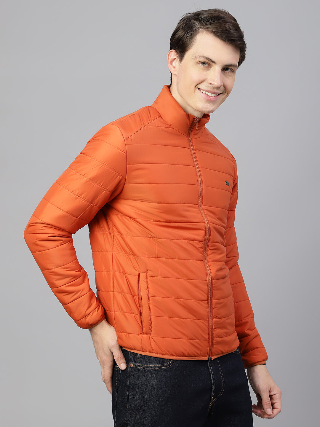 Men Rust Regular Fit Solid Stand Collar Casual Jacket