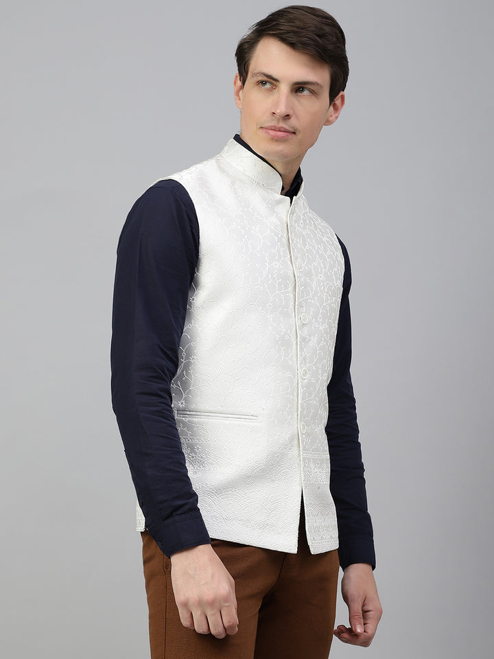 Men Cream Regular Fit Solid Stand Collar Club Wear Waist Coat