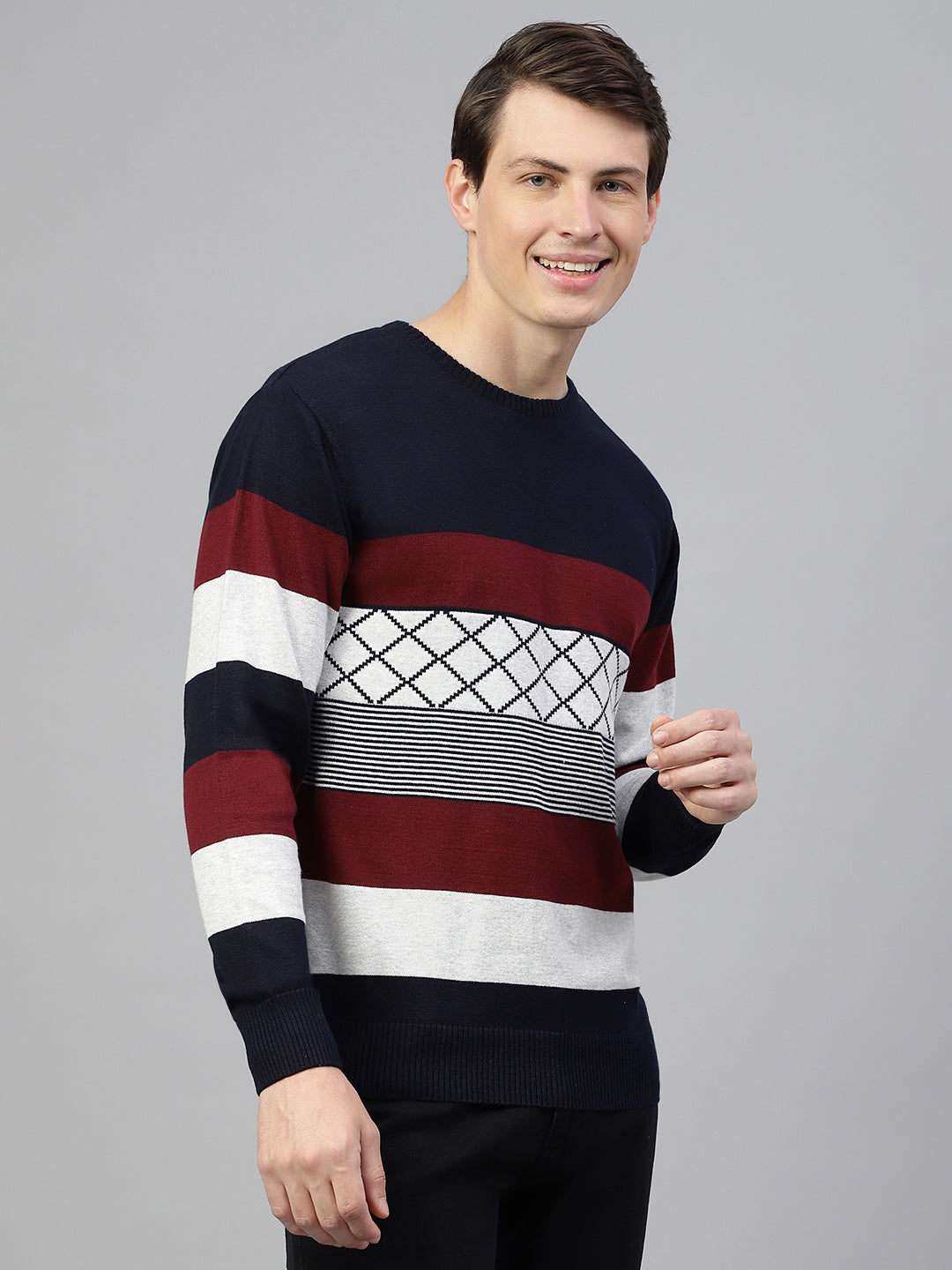 Men Navy Wine Regular Fit Solid Crew Neck Casual Sweater