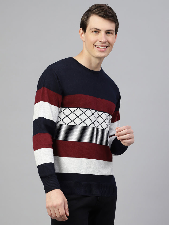 Men Navy Wine Regular Fit Solid Crew Neck Casual Sweater