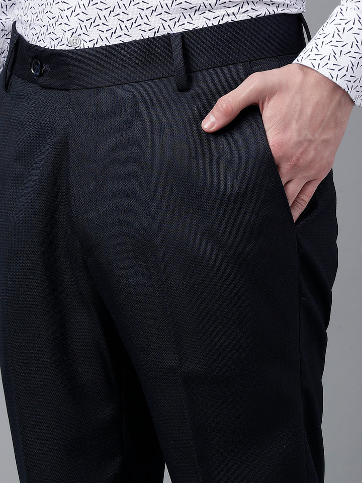 Men Navy Standard Fit Mid Rise Solid Formal Trouser