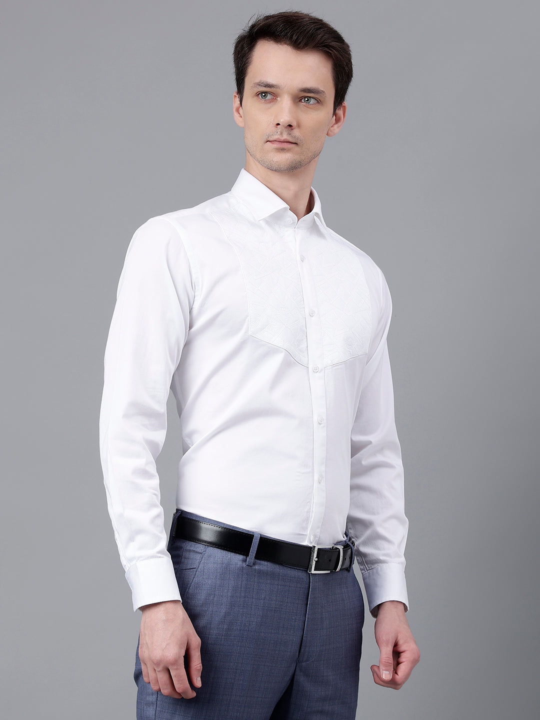 Men White Standard Fit Self Design Club Wear Shirt